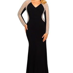 XSCAPE Womens Black Sequined Long Sleeve V Neck Full-Length Formal